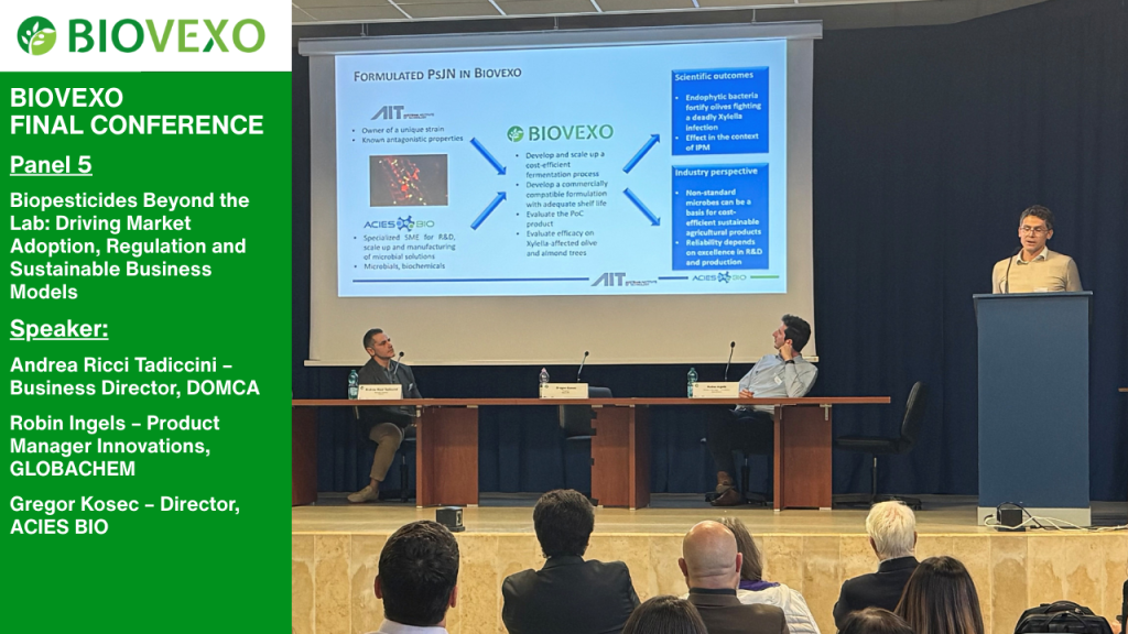 Image depicts members of Panel 5, Mr. Gregor Kosec, Director at Acies Bio, Mr. Robin Ingels, Product Manager Innovations at GLOBACHEM, and Mr. Andrea Ricci Tadiccini, Business Director at DOMCA.
